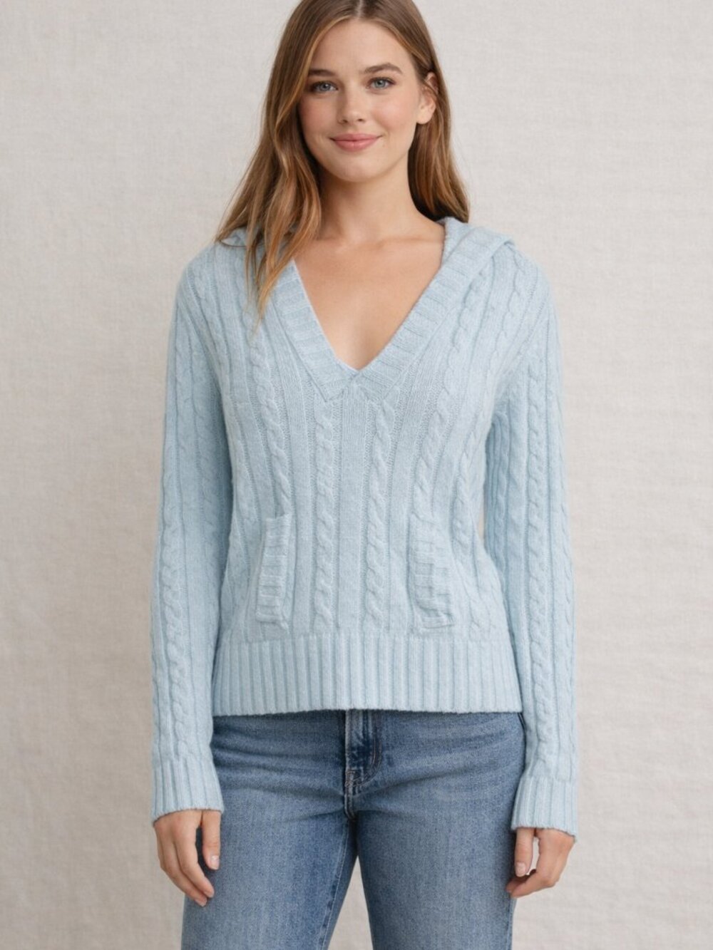 Rue 21 Light Blue V-Neck Cable Knit Hooded Sweater Large